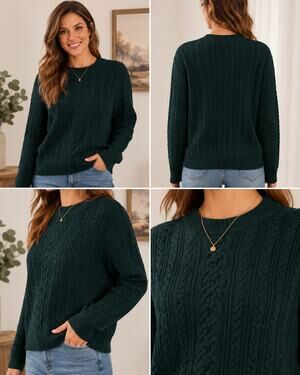 Amazon Essentials Women’s XL Cable Knit Crewneck Sweater 100% Cotton Dark Green